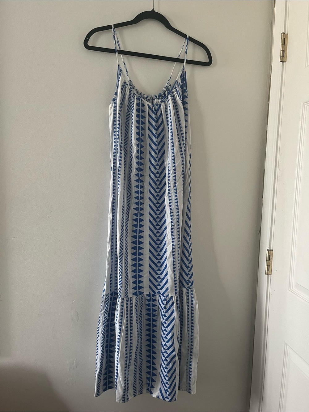 Blue White Geometric Print Swing Maxi Dress XS Coastal Resort Euro Summer Beach